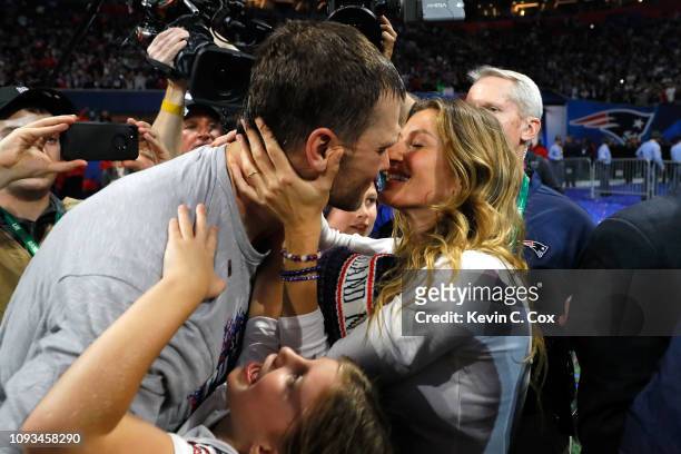 Tom Brady of the New England Patriots kisses his wife Gisele Bündchen after the Super Bowl LIII against the Los Angeles Rams at Mercedes-Benz Stadium...