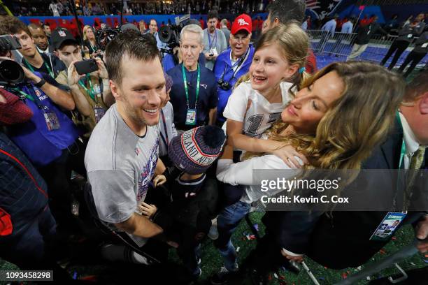 Tom Brady of the New England Patriots celebrates with wife Gisele Bundchen and children Vivian and Benjamin after Super Bowl LIII at Mercedes-Benz...