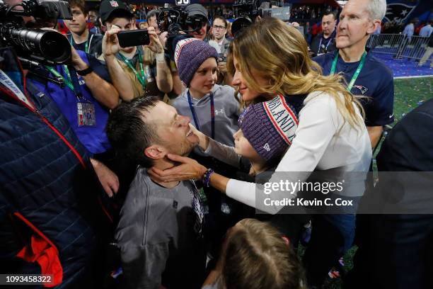 Tom Brady of the New England Patriots celebrates with his wife Gisele Bündchen after the Super Bowl LIII against the Los Angeles Rams at...