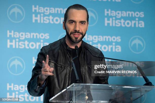 El Salvador presidential candidate Nayib Bukele of the Great National Alliance speaks to the media after proclaiming himself as winner of the...