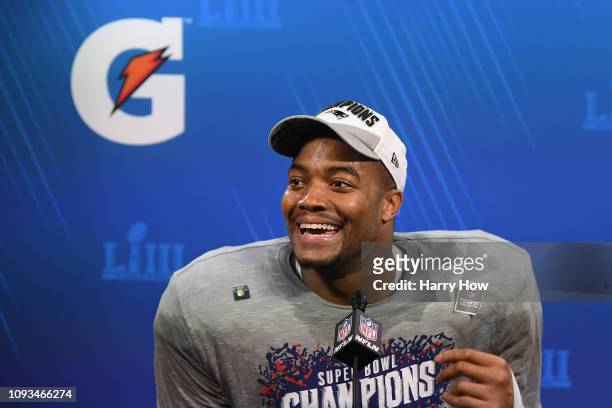 Trey Flowers of the New England Patriots speaks a press conference after the Patriots defeat the Los Angeles Rams 13-3 during Super Bowl LIII at...