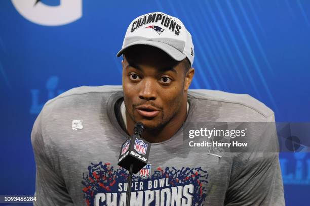 Trey Flowers of the New England Patriots speaks a press conference after the Patriots defeat the Los Angeles Rams 13-3 during Super Bowl LIII at...