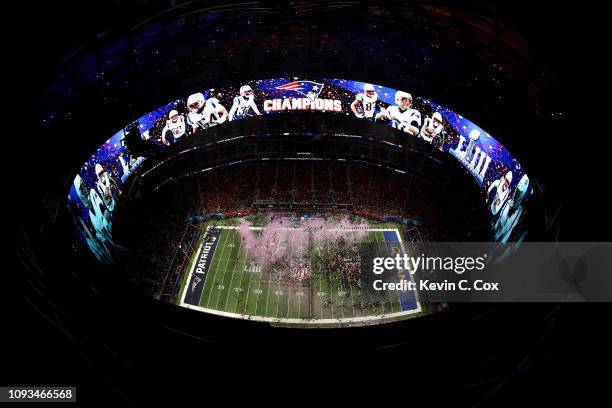 General view as the the New England Patriots celebrate their 13 to 3 win over the the Los Angeles Rams in Super Bowl LIII at Mercedes-Benz Stadium on...