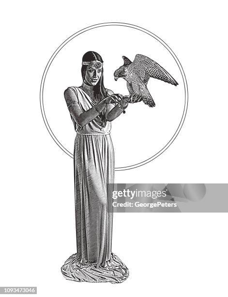 ilustraciones, imágenes clip art, dibujos animados e iconos de stock de diosa de la tierra con halcón peregrino - falcon bird