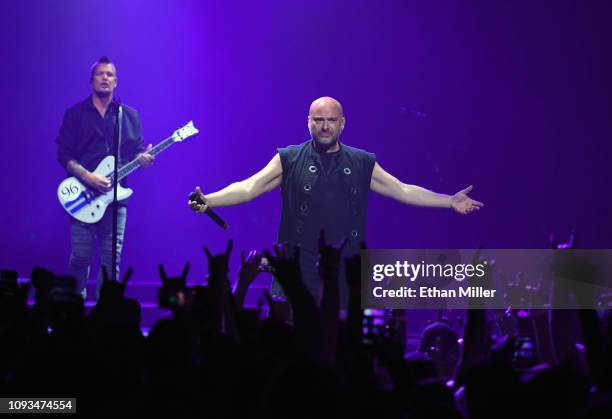 Guitarist Dan Donegan and singer David Draiman of Disturbed perform at T-Mobile Arena on January 12, 2019 in Las Vegas, Nevada.