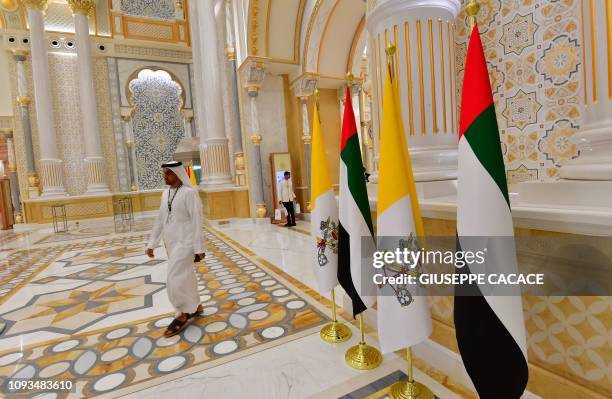 Picture taken on February 4, 2019 shows a view of the presidential palace in the UAE capital Abu Dhabi during a reception for Pope Francis. - Pope...