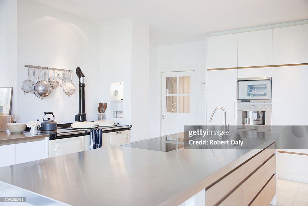 Modern kitchen with stainless steel counters