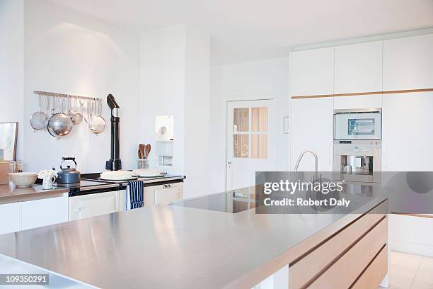 modern kitchen with stainless steel counters - 住宅廚房 個照片及圖片檔