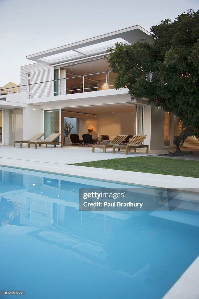 Modern house and patio next to swimming pool