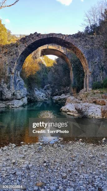 landscape with medieval stone bridge in forest - romeinse brug stockfoto's en -beelden