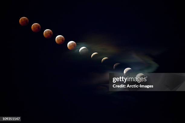 stages of lunar eclipse shot from iceland - maansverduistering stockfoto's en -beelden