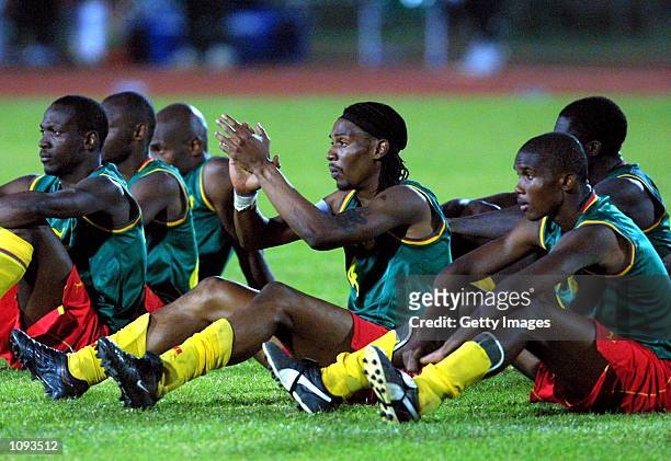 Cameroon players watch the penalty shoot out during the African Cup of Nations Final between Cameroon and senegal, played at the 26 March Stadium,...