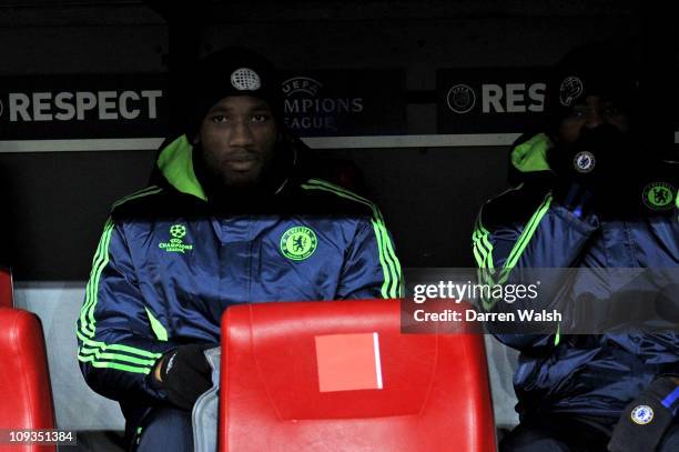 Didier Drogba of Chelsea sits on the bench as a substitute during the UEFA Champions League round of 16 first leg match between FC Copenhagen and...