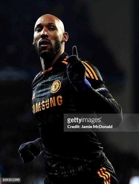 Nicolas Anelka of Chelsea celebrates scoring his team's second goal during the UEFA Champions League round of 16 first leg match between FC...