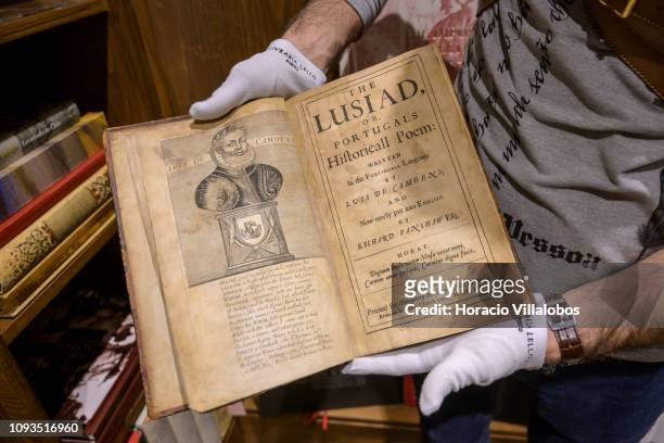 Specialist Rui Moutinho shows a copy of the first English edition of The Lusiad by Luis Vaz de Camoes, valued in 18.000 euros, at "Sala Gemma" in...