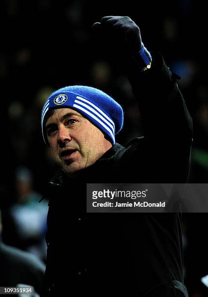 Chelsea Manager Carlo Ancelotti celebrates at the end of the UEFA Champions League round of 16 first leg match between FC Copenhagen and Chelsea at...