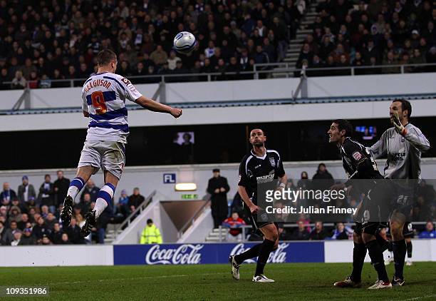 Heidar Helguson of QPR scores a header and their second goal during the npower Championship match between Queens Park Rangers and Ipswich Town at...