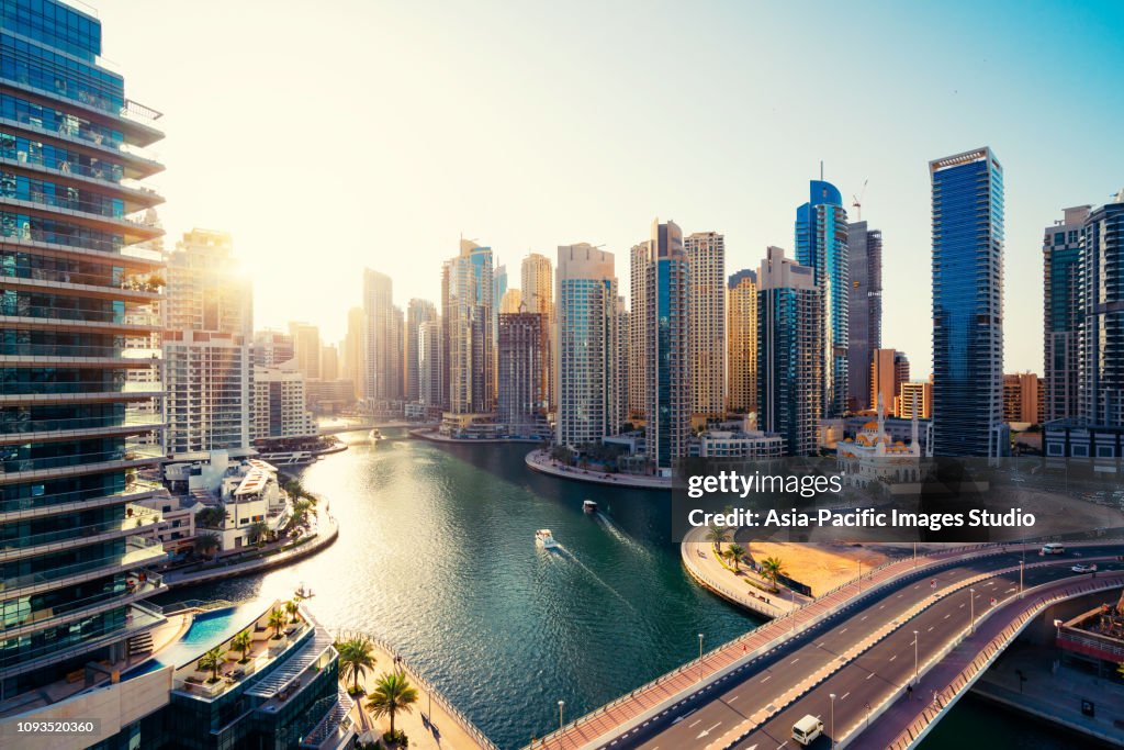 Dubai Marina Skyline and Modern Skyscrapers at Dawn