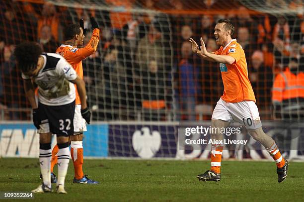 Brett Ormerod of Blackpool celebrates his goal with DJ Campbell during the Barclays Premier League match between Blackpool and Tottenham Hotspur at...