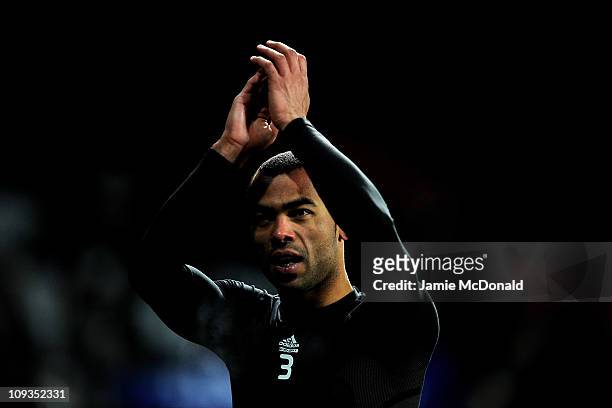 Ashley Cole of Chelsea celebrates at the end of the UEFA Champions League round of 16 first leg match between FC Copenhagen and Chelsea at Parken...
