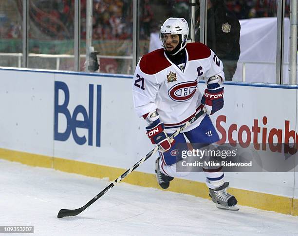 Brian Gionta of the Montreal Canadiens skates against the Calgary Flames during the 2011 NHL Heritage Classic Game at McMahon Stadium on February 20,...