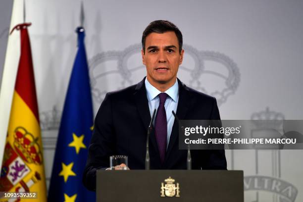 Spanish prime minister Pedro Sanchez makes an official statement on Venezuela, at La Moncloa palace in Madrid on February 4, 2019. - Spain today...