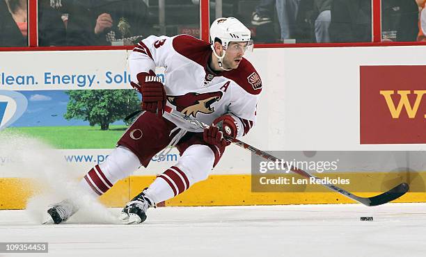 Keith Yandle of the Phoenix Coyotes skates with the puck against the Philadelphia Flyers on February 22, 2011 at the Wells Fargo Center in...