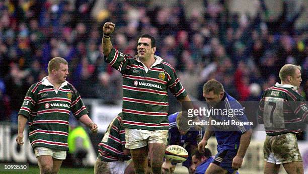 Martin Johnson, the Leicester captain, celebrates on the final whistle as Leicester defeat Bath in the Zurich League match at the Recreation Ground,...