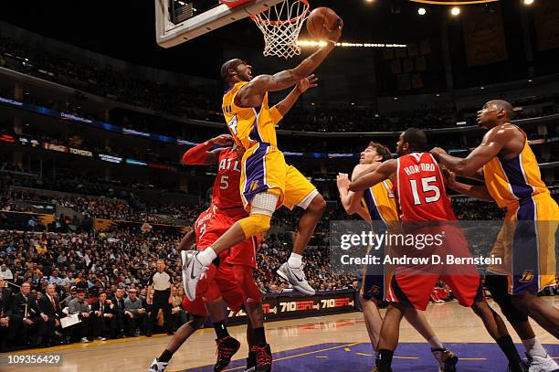 Kobe Bryant of the Los Angeles Lakers puts up a shot during a game against the Atlanta Hawks at Staples Center on February 22, 2011 in Los Angeles,...