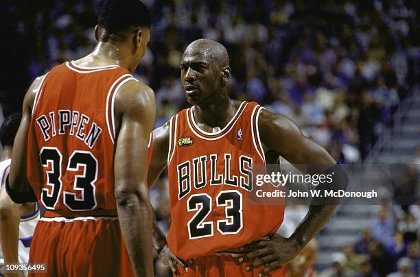 Finals: Chicago Bulls Michael Jordan with Scottie Pippen on court during Game 1 vs Utah Jazz at Delta Center.Salt Lake City, UT 6/3/1998CREDIT: John...