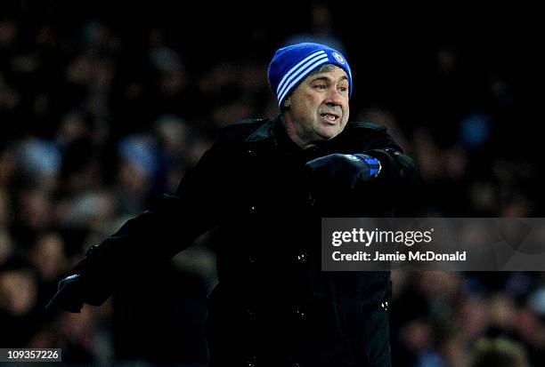 Chelsea Manager Carlo Ancelotti issues instructions prior to the UEFA Champions League round of 16 first leg match between FC Copenhagen and Chelsea...