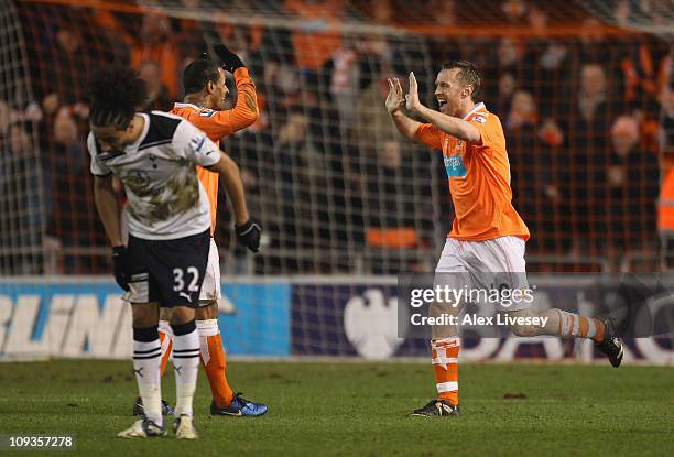 Brett Ormerod of Blackpool celebrates his goal with DJ Campbell during the Barclays Premier League match between Blackpool and Tottenham Hotspur at...