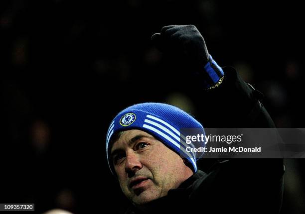 Chelsea Manager Carlo Ancelotti celebrates at the end of the UEFA Champions League round of 16 first leg match between FC Copenhagen and Chelsea at...