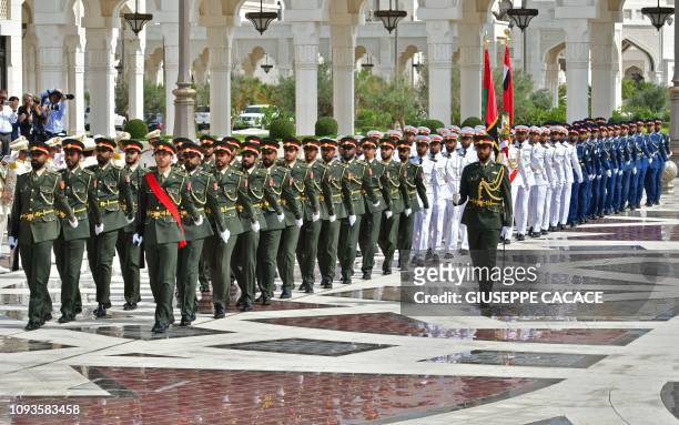 Military honour guard wait for the Pope arrival at the presidential palace in the UAE capital Abu Dhabi on February 4, 2019. Pope Francis arrived in...