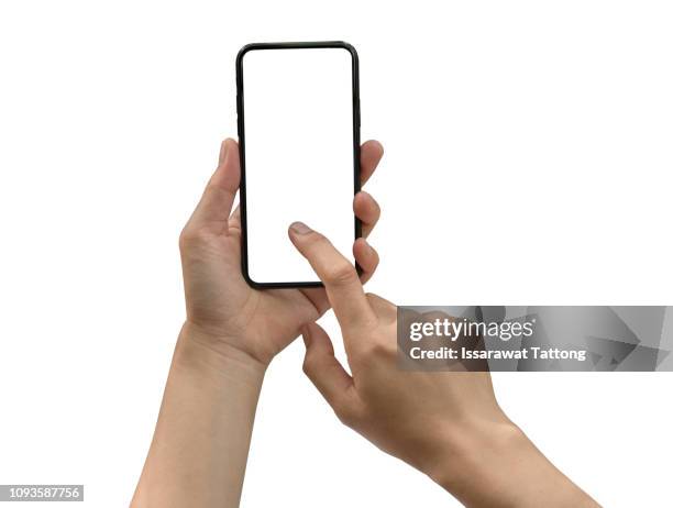 smartphone in female hands taking photo isolated on white blackground - digitalkamera bildschirm stock-fotos und bilder