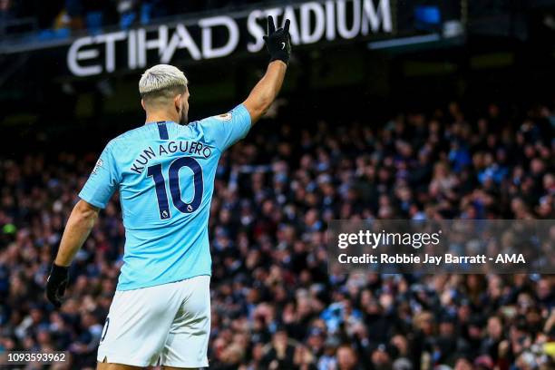 Sergio Aguero of Manchester City celebrates after scoring a goal to make it 1-0 during the Premier League match between Manchester City and Arsenal...