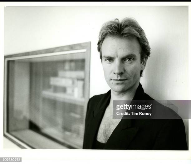 English musician, singer and songwriter Sting at the BBC studios in London, after an interview for Radio 1, circa 1984.