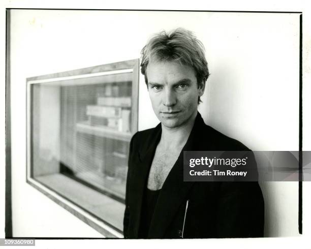 English musician, singer and songwriter Sting at the BBC studios in London, after an interview for Radio 1, circa 1984.