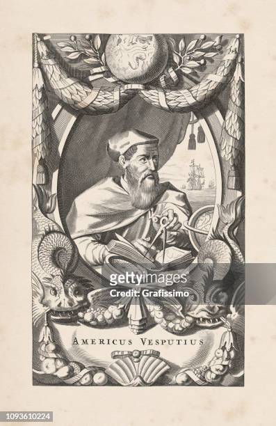 ilustraciones, imágenes clip art, dibujos animados e iconos de stock de retrato de explorador italiano amerigo vespucci 1671 - magallanes