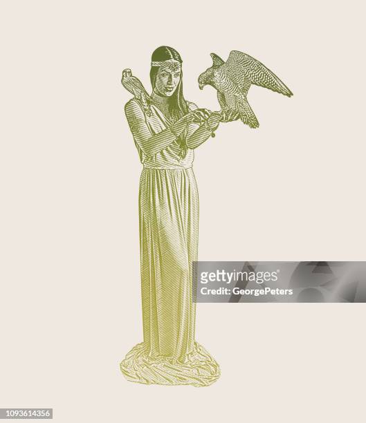 earth goddess holding peregrine falcon and american kestrel - falconry stock illustrations