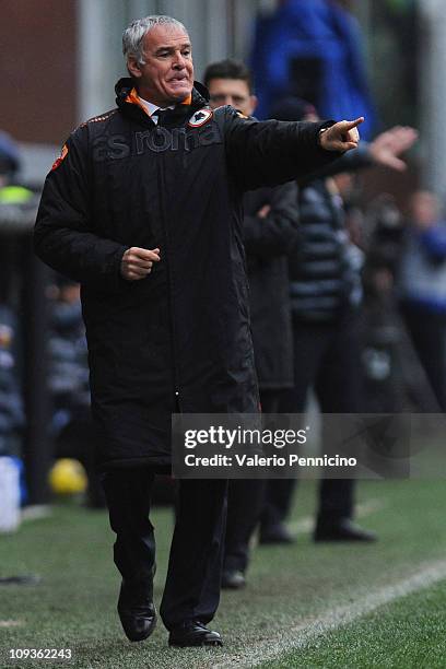 Roma head coach Claudio Ranieri gestures during the Serie A match between Genoa CFC and AS Roma at Stadio Luigi Ferraris on February 20, 2011 in...