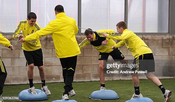 Conor Coady and Jamie Carragher of Liverpool FC in action during a training session ahead of tomorrow's UEFA Europa League match against Sparta...