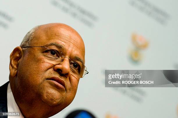 South African Finance Minister Pravin Gordhan gives a press conference prior to deliver his 2011 budget speech at the parliament on February 23, 2011...