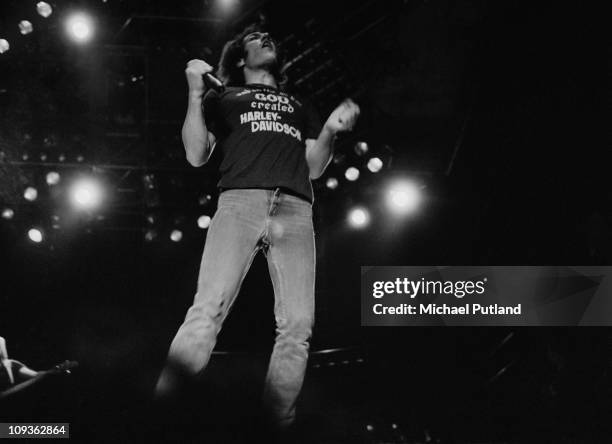 Singer Brian Johnson of rock band AC/DC plays the Monsters of Rock music festival at Castle Donington, Leicestershire, 1981.