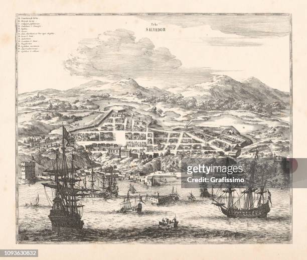 harbor and city of salvador de bahia in brazil 1671 - cristobal colon stock illustrations