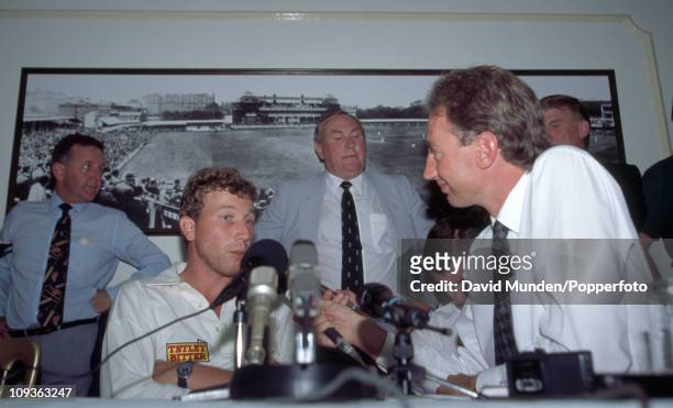 England captain Michael Atherton is interviewed by Jonathan Agnew watched by England selector Ray Illingworth after the England captain had been...