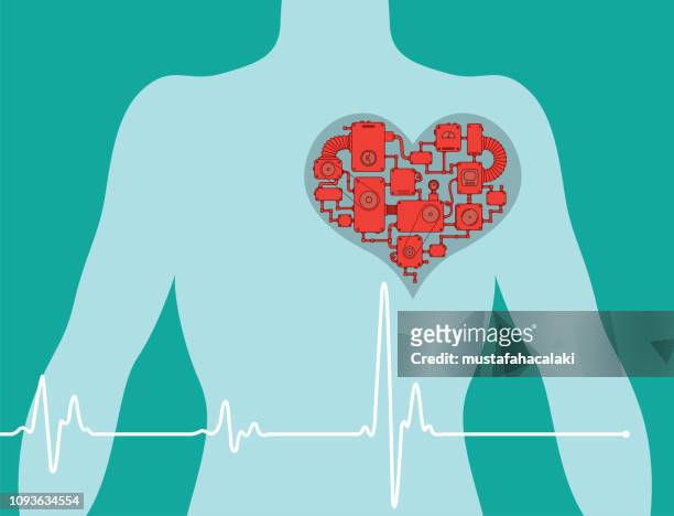 ilustrações, clipart, desenhos animados e ícones de no peito do homem com a máquina de coração - taking pulse