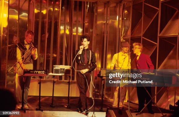 Depeche Mode appear on Top The Pops TV show L-R Andrew Fletcher, Dave Gahan, Martin Gore, Vince Clarke. They play Roland, Moog and Yamaha...