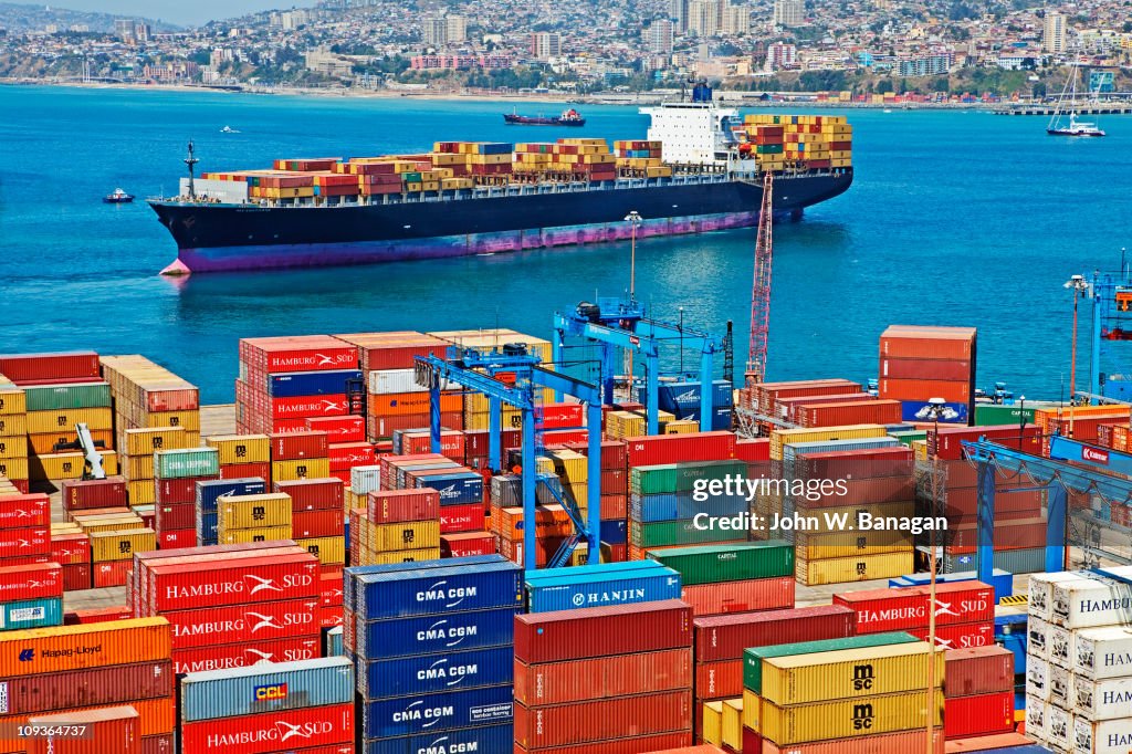Containers and ship Valparaiso port