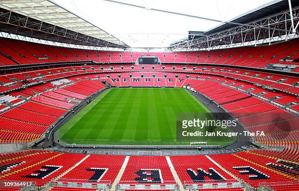 General view of the pitch during a Carling Cup Final preview at Wembley Stadium on February 23, 2011 in London, England.